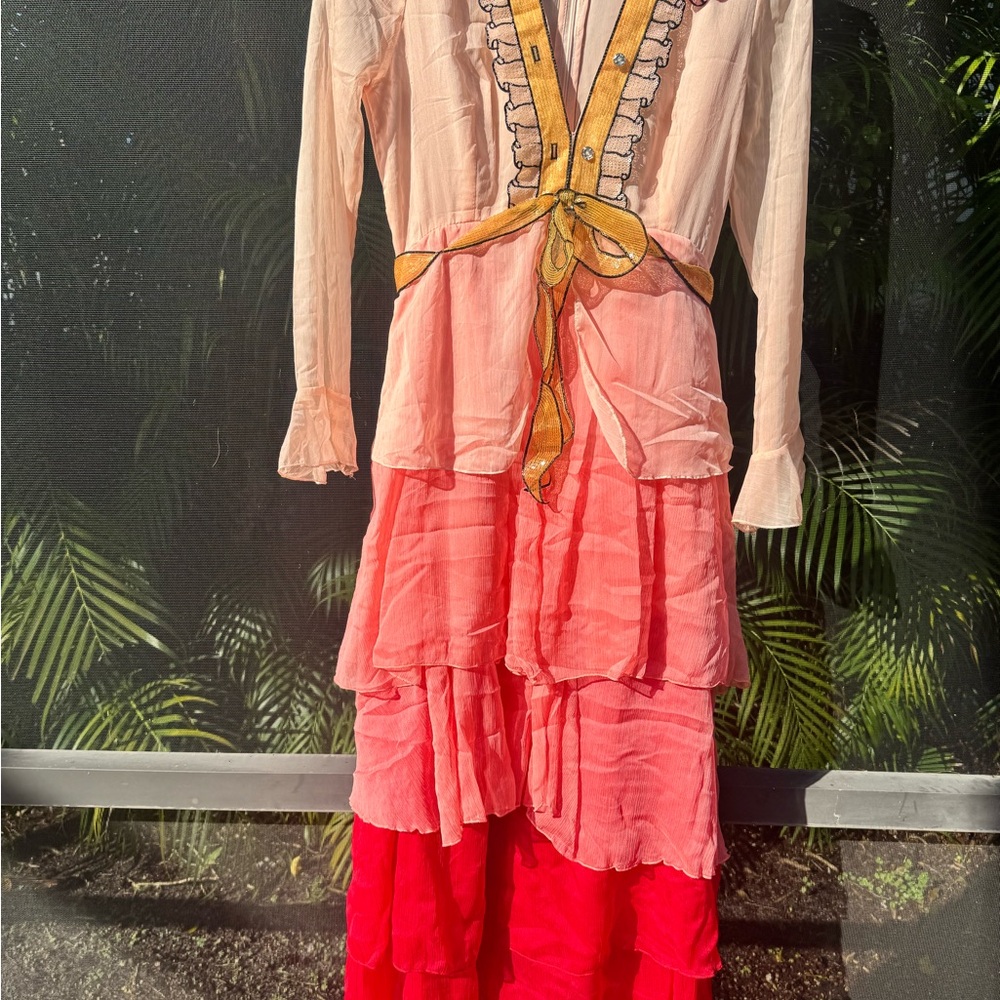 Elegant Long Sleeve Layered Dress - Pink and Red